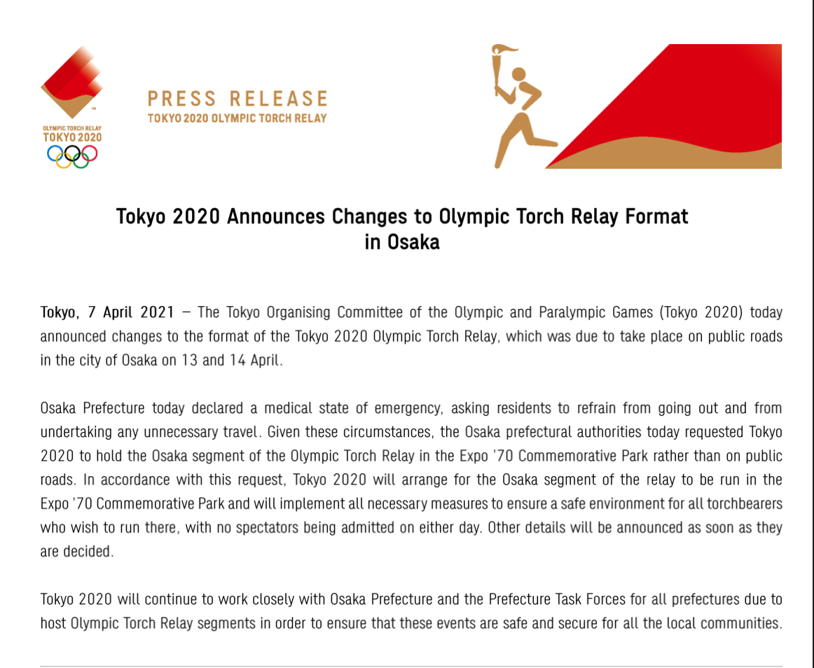 Comunicado de prensa – Tokio 2020 anuncia cambios en el formato del relevo de la antorcha olímpica en Osaka
